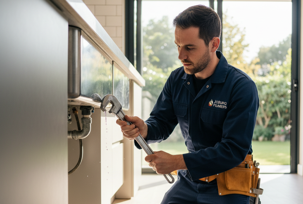 Professional emergency plumber Johannesburg technician repairing a burst water pipe in a residential home.