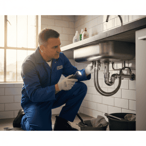 A plumber inspecting a leaky kitchen pipe, identifying common plumbing problems in Johannesburg homes.