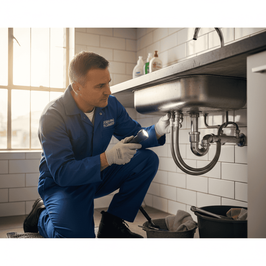A plumber inspecting a leaky kitchen pipe, identifying common plumbing problems in Johannesburg homes.