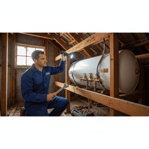 Professional plumber performing geyser repairs Johannesburg in a modern residential utility space.