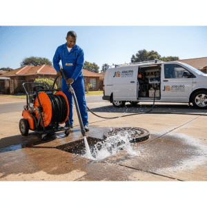 A plumber operates a nozzle for high pressure drain jetting Johannesburg services on a residential driveway.