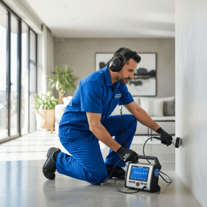 Technician using acoustic equipment for leak detection services Johannesburg in a modern home.