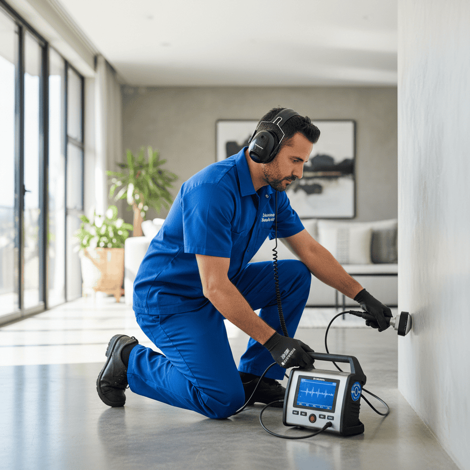 Technician using acoustic equipment for leak detection services Johannesburg in a modern home.