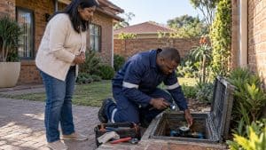 Plumber inspecting a water meter beside a Johannesburg face-brick home while a homeowner watches