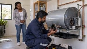 South African plumber assessing a domestic geyser while a homeowner watches from nearby