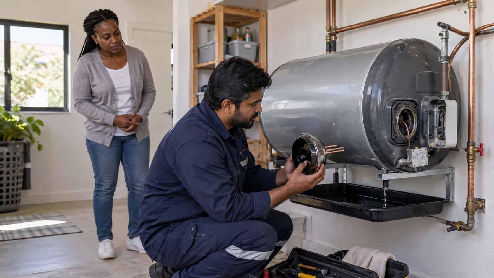 South African plumber assessing a domestic geyser while a homeowner watches from nearby