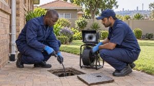 Two South African plumbers using a drain inspection camera outside a Johannesburg home