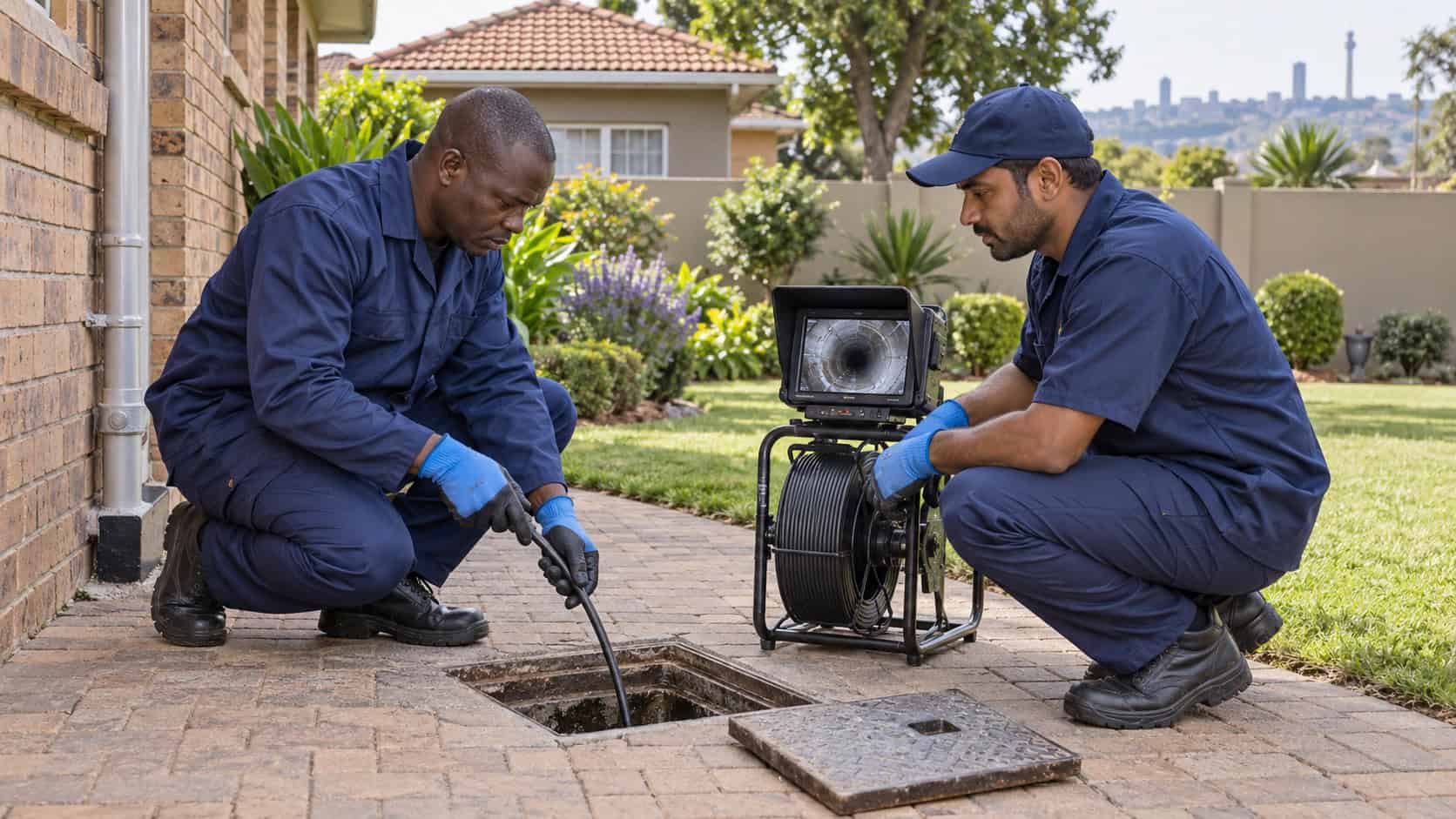 Two South African plumbers using a drain inspection camera outside a Johannesburg home