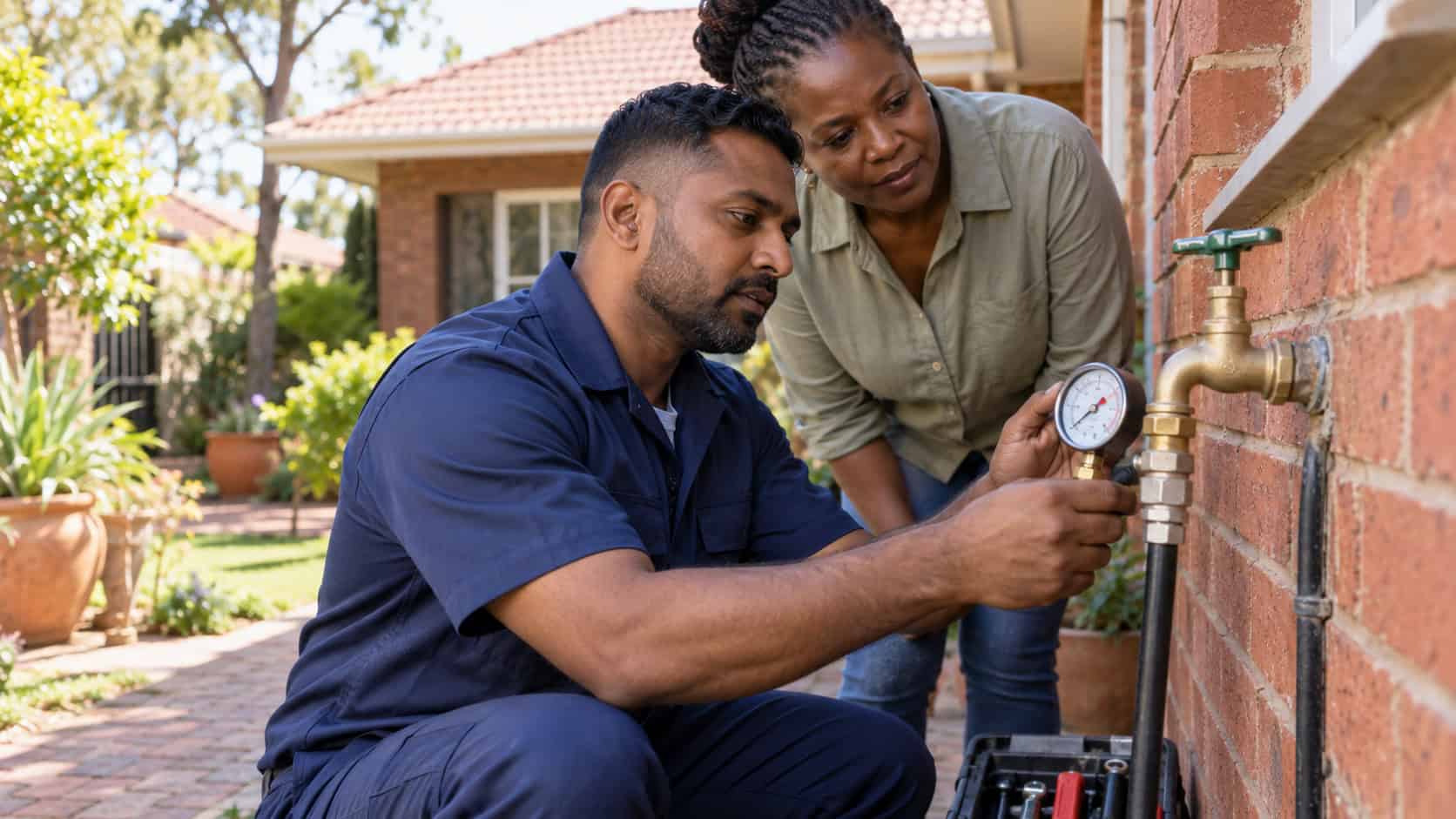 Plumber checking a pressure gauge at an outdoor tap with a Johannesburg homeowner