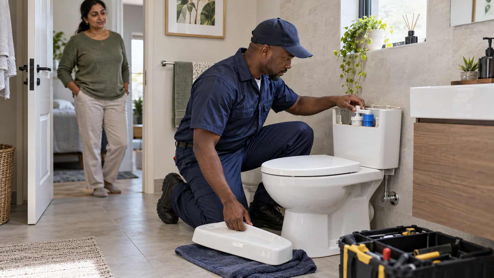South African plumber assessing the cistern of a toilet in a Johannesburg home