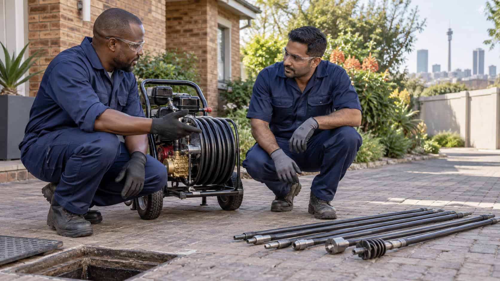 African and Indian South African plumbers beside drain jetting equipment and drain rods