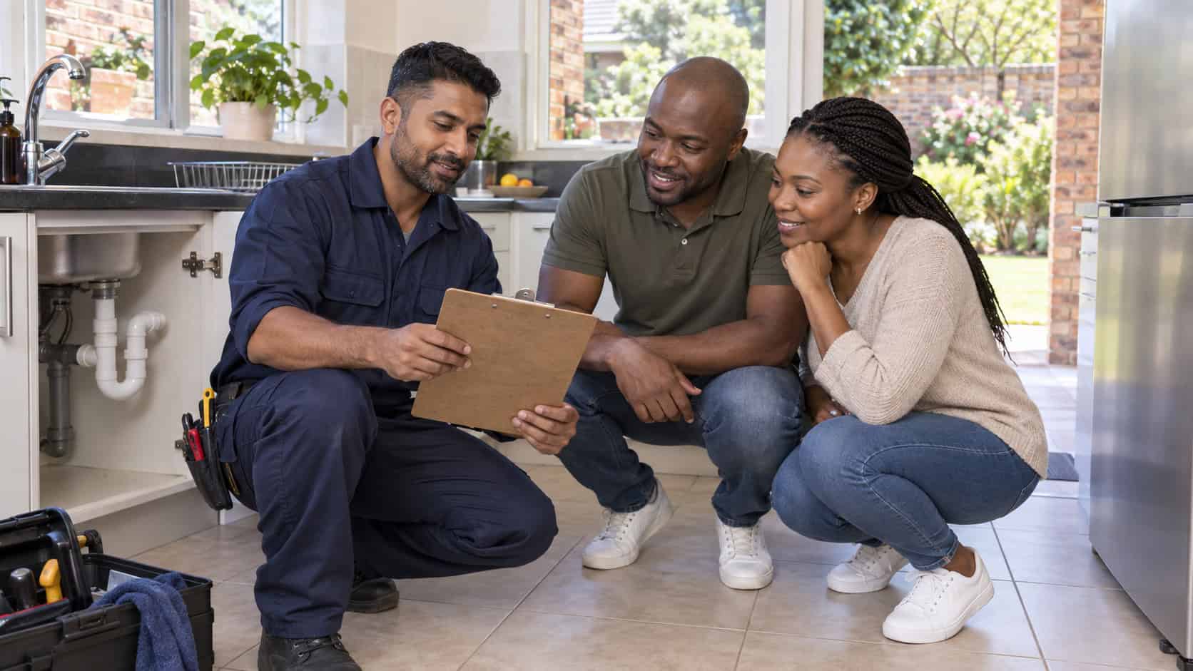 Indian South African plumber discussing a Johannesburg home plumbing inspection with a couple