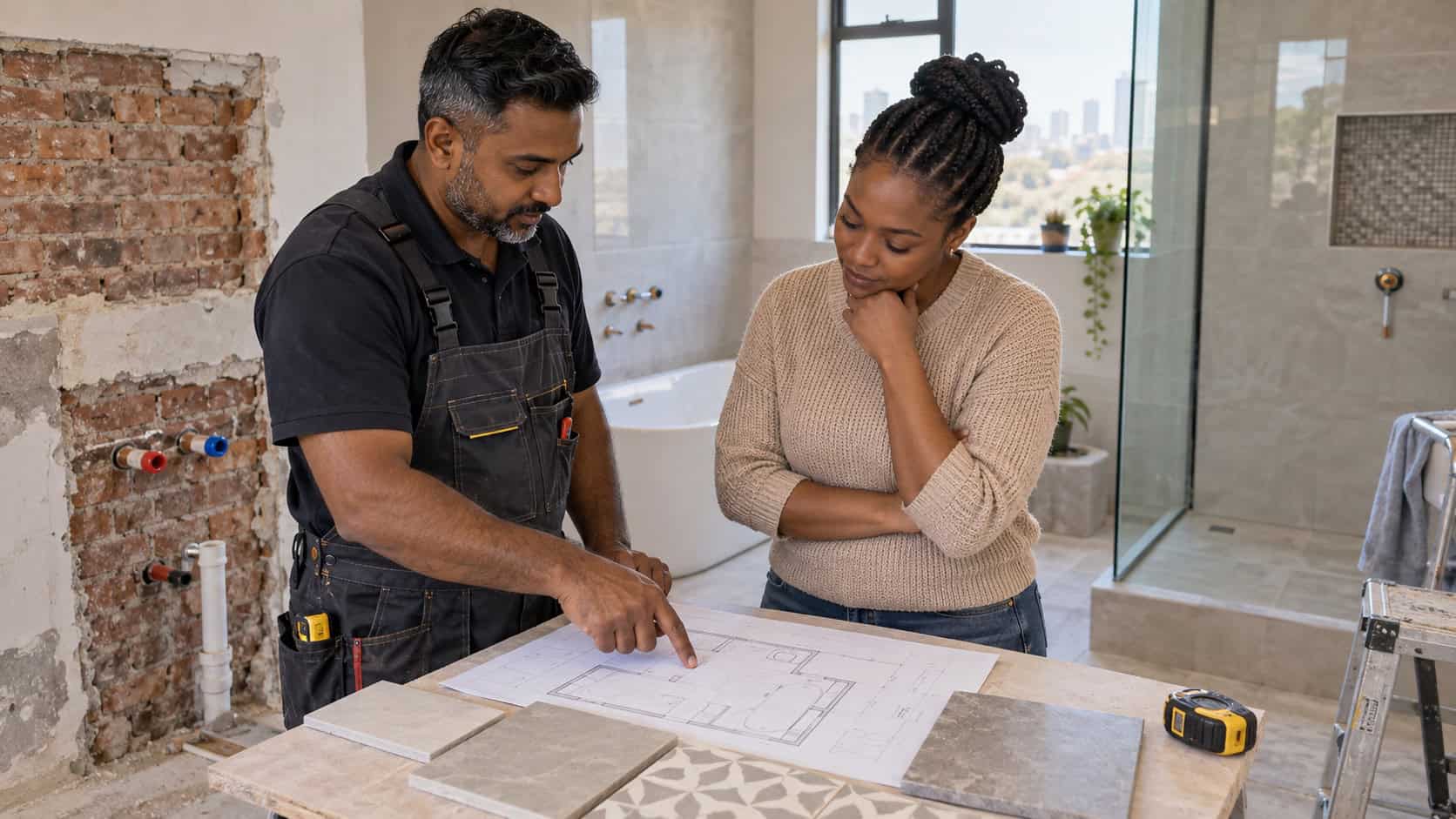 Indian South African plumber and African homeowner reviewing a bathroom renovation layout before tiling