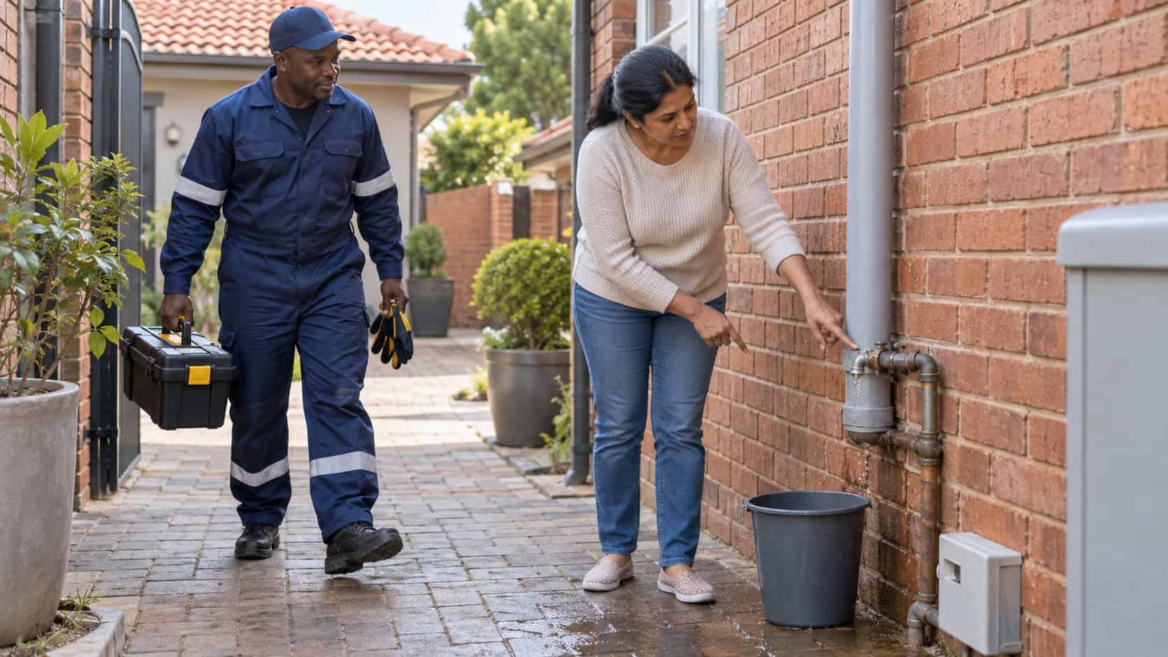 African South African plumber arriving to assess an outdoor pipe leak at a Johannesburg home