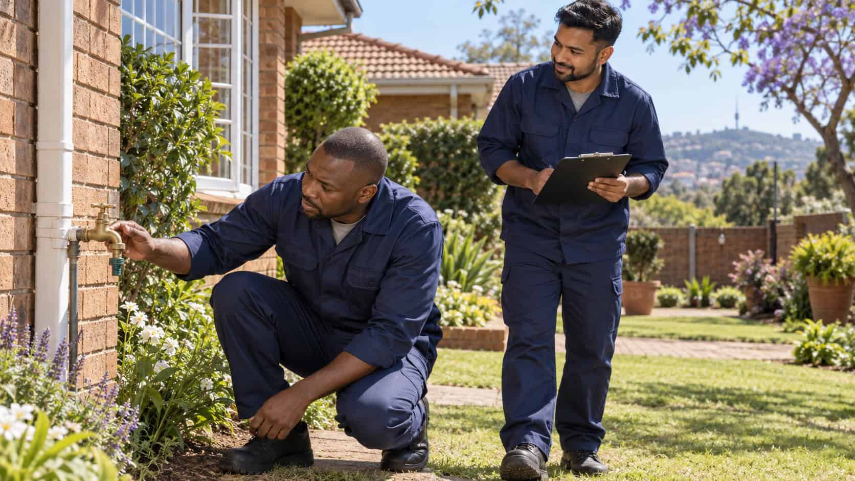 African and Indian South African plumbers inspecting an outdoor tap during spring maintenance