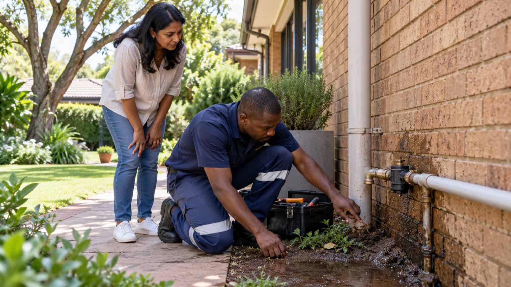 Illustration of a plumber checking damp ground beside pipework at a South African home