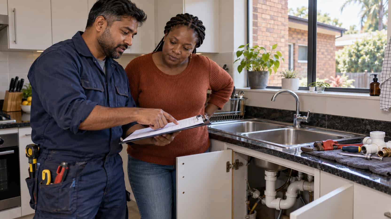 Illustration of a plumber discussing a kitchen plumbing quotation with a South African homeowner