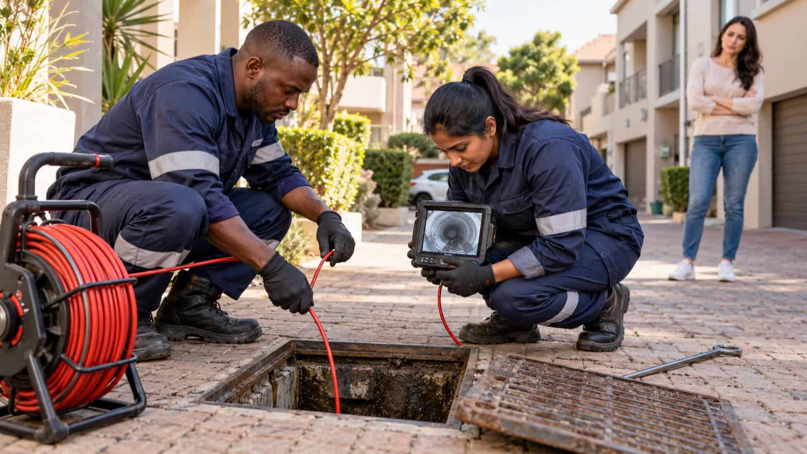 Illustration of two plumbers inspecting a drain at a South African townhouse complex