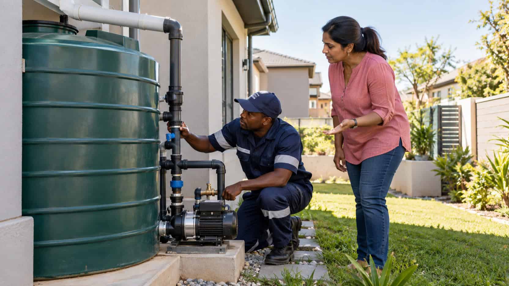 Illustration of a plumber checking a water tank and pump at a South African home