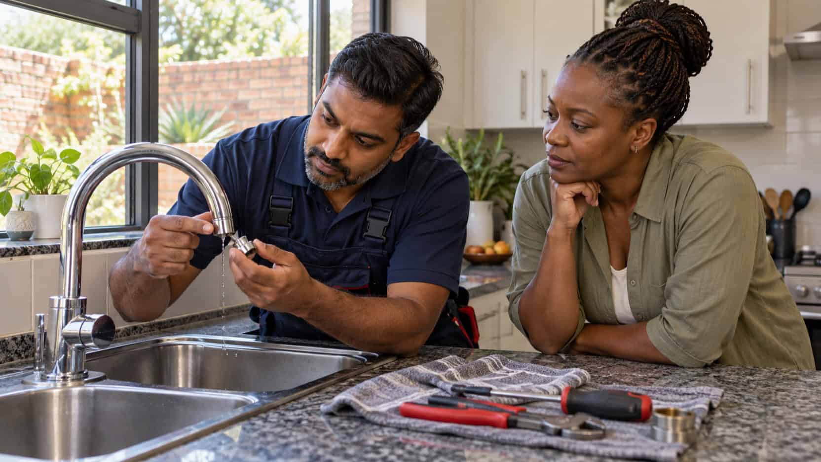 Illustration of a plumber inspecting a dripping kitchen tap with a homeowner